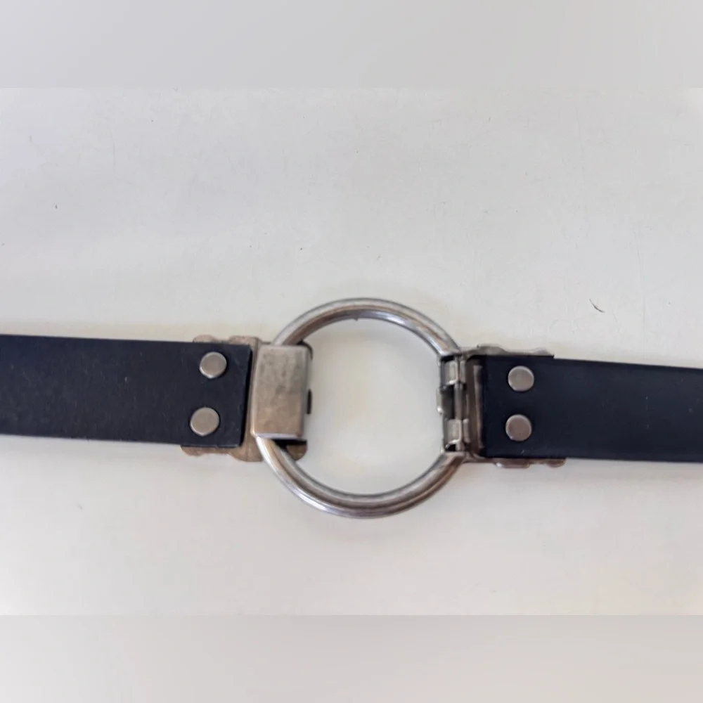 Belt Shak Black Italian Leather Slide Belt Silver Tone Weave Buckle